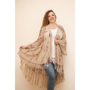 Plus Size Peasant Boho Vintage Taupe Festival Lace Cardigan Duster Kimono 2XL